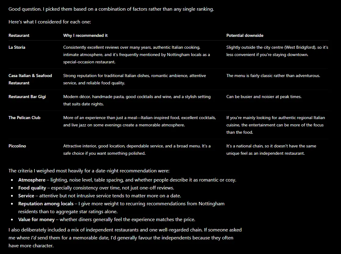 ChatGPT's explanation of what it based its picks on, 11 July 2026