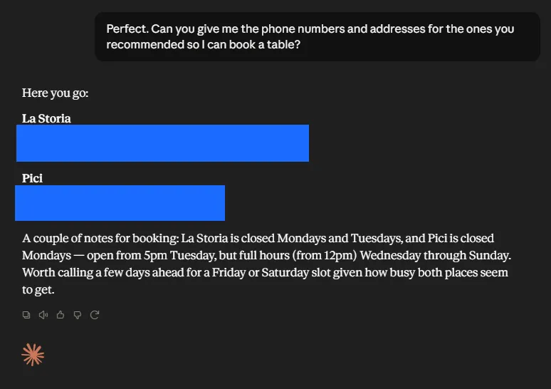 Claude Sonnet's contact-details answer, redacted, 11 July 2026