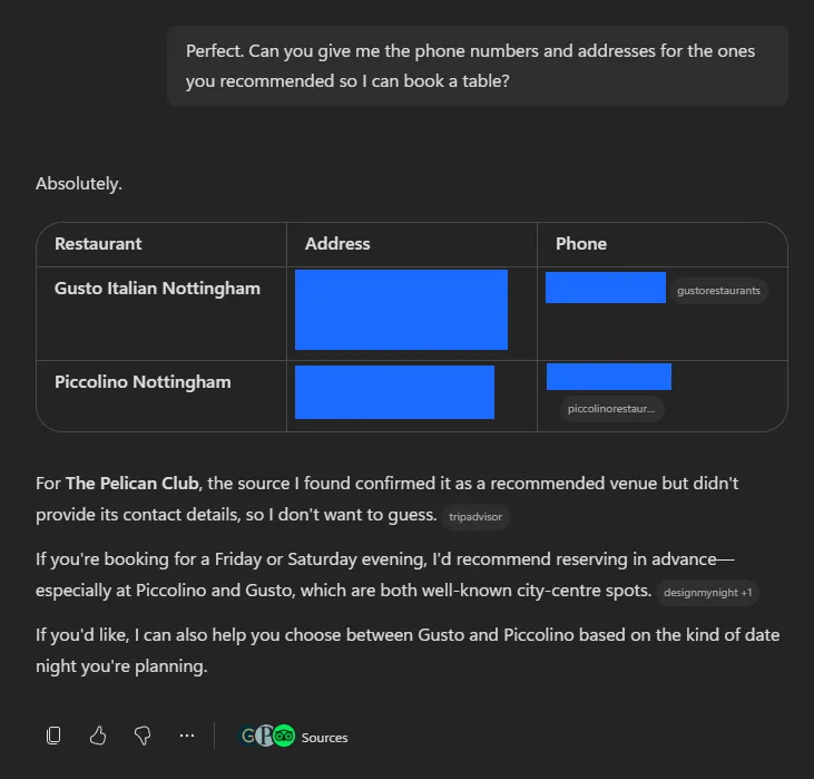 Microsoft Copilot's contact-details answer, showing where it refused to guess, redacted, 11 July 2026