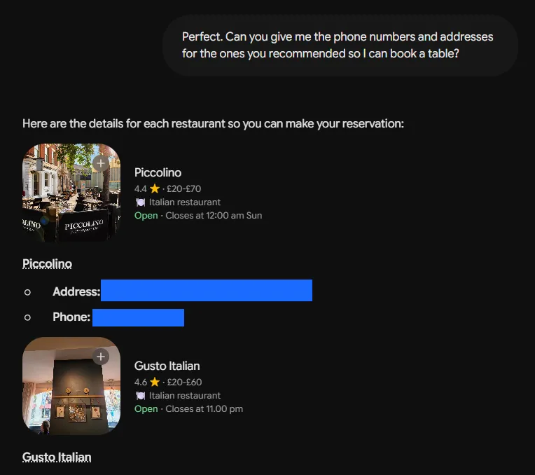 Gemini Pro's contact-details answer, redacted, 11 July 2026