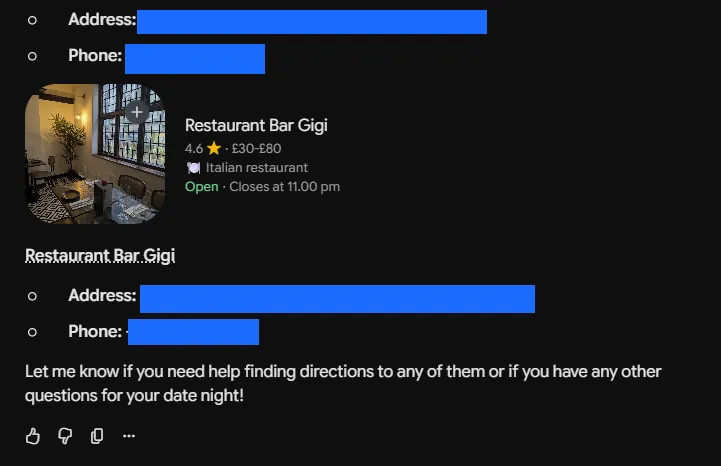Gemini Pro's contact-details answer continued, redacted, 11 July 2026