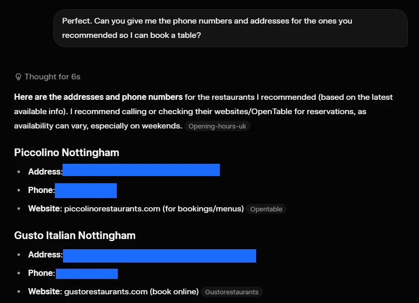 Grok's contact-details answer, including the hedged and demonstrably wrong number, redacted, 11 July 2026