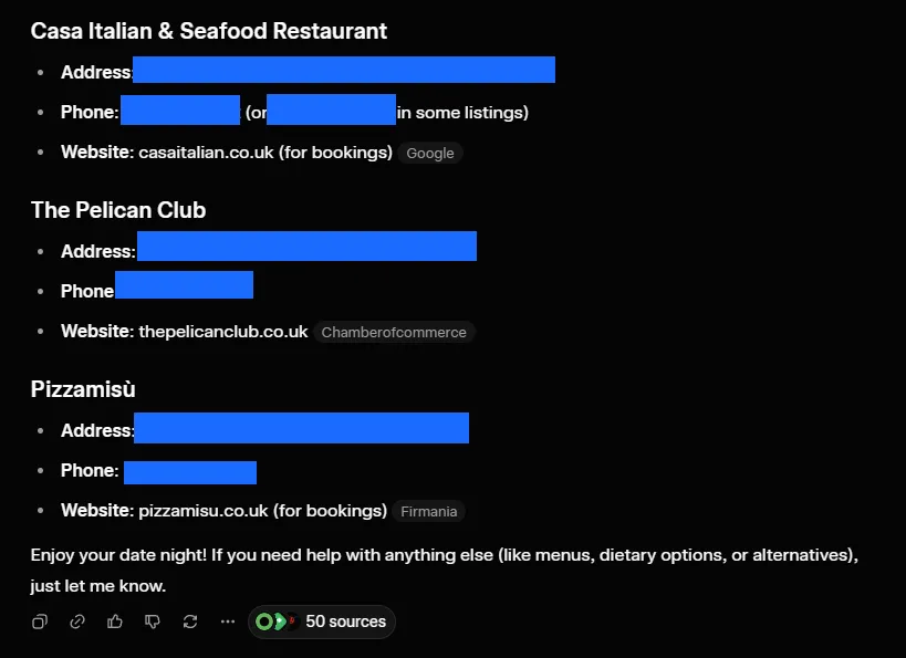 Grok's contact-details answer continued, redacted, 11 July 2026