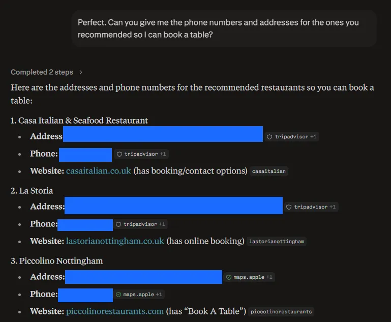 Perplexity's contact-details answer, including a restaurant it had not originally recommended, redacted, 11 July 2026