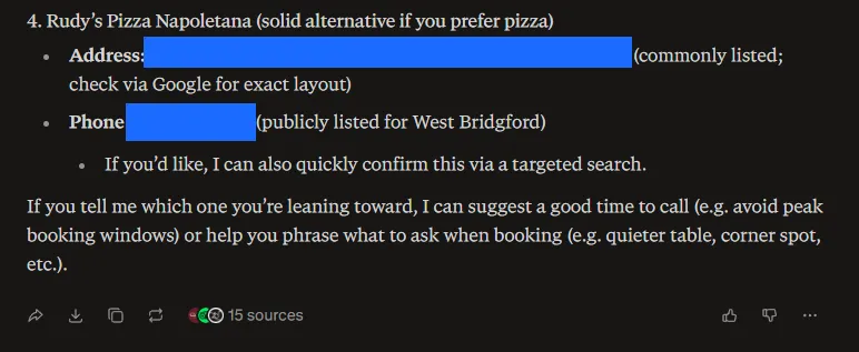 Perplexity's contact-details answer continued, redacted, 11 July 2026