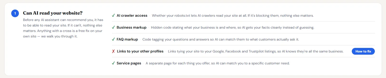 The AI Readiness check: the five things AI needs, marked pass or fix, each with a how-to
